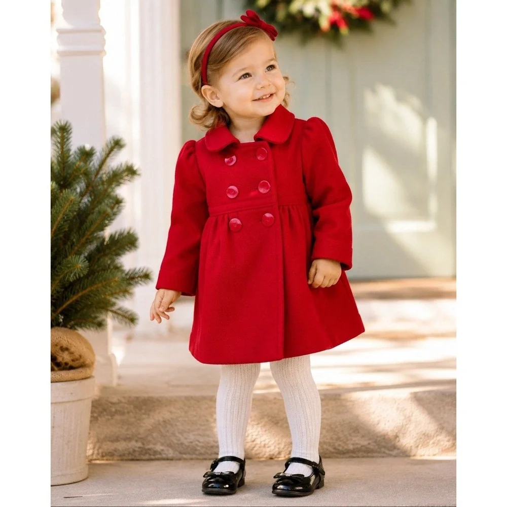 Baby Gap Toddler 12-18M Red Peacoat Double Breasted Dress Coat Puff Sleeve